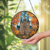 Cathedral Stained Glass Suncatcher, Round Gothic Church Window Panel with Autumn Trees, Architecture Landmark Glass Art Home Decor Gift