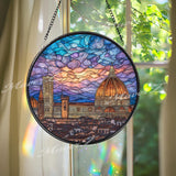 Florence Duomo Stained Glass Suncatcher, Round Italy Cathedral Window Panel, Travel Architecture Cityscape Glass Art Home Decor Gift