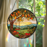 Fruit Tree Stained Glass Suncatcher, Round Orchard Swing Sunset Window Panel, Rustic Farmhouse Nature Glass Art Country Home Decor Gift