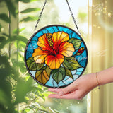 Hibiscus Flower Stained Glass Suncatcher, Round Tropical Floral Window Panel, Bright Red Yellow Bloom Glass Art Garden Home Decor Gift