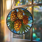 Pine Cone Stained Glass Suncatcher, Round Woodland Forest Window Panel, Rustic Cabin Nature Glass Art Lodge Style Home Decor Gift