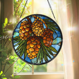 Pine Cone Stained Glass Suncatcher, Round Woodland Forest Window Panel, Rustic Cabin Nature Glass Art Lodge Style Home Decor Gift