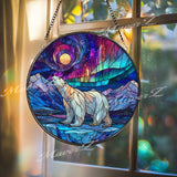 Polar Bear Stained Glass Suncatcher, Round Aurora Borealis Northern Lights Window Panel, Arctic Wildlife Glass Art Nature Home Decor Gift
