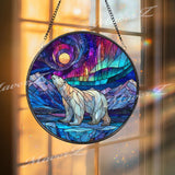 Polar Bear Stained Glass Suncatcher, Round Aurora Borealis Northern Lights Window Panel, Arctic Wildlife Glass Art Nature Home Decor Gift