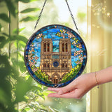Notre Dame Cathedral Stained Glass Suncatcher, Round Paris Landmark Window Panel, Gothic Architecture Travel Cityscape Glass Art Home Decor