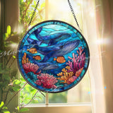 Whale Family Stained Glass Suncatcher, Round Ocean Coral Reef Window Panel, Nautical Sea Life Glass Art Coastal Marine Home Decor Gift