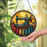 Vintage Sewing Machine Stained Glass Suncatcher, Round Colorful Thread Spools Window Panel, Quilting Seamstress Craft Room Glass Art Gift