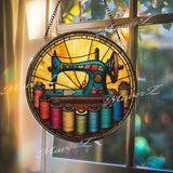 Vintage Sewing Machine Stained Glass Suncatcher, Round Colorful Thread Spools Window Panel, Quilting Seamstress Craft Room Glass Art Gift