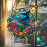 Whale Ocean Stained Glass Suncatcher, Round Underwater Coral Reef Window Panel, Marine Life Nautical Sea Glass Art Home Decor Gift