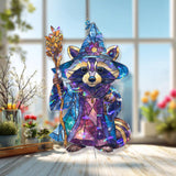 Wizard Raccoon Acrylic Suncatcher, Stained Glass Style Magical Animal with Staff Window Hanging, Fantasy Whimsical Home Decor Gift