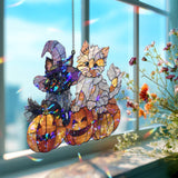 Halloween Cats Acrylic Suncatcher, Stained Glass Style Kittens with Pumpkins and Witch Hat, Cute Spooky Window Hanging Holiday Decor