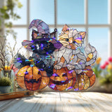 Halloween Cats Acrylic Suncatcher, Stained Glass Style Kittens with Pumpkins and Witch Hat, Cute Spooky Window Hanging Holiday Decor