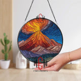 Volcano Eruption Stained Glass Suncatcher, Round Mountain Landscape Window Panel, Fiery Nature Glass Art Home Decor for Adventure Lovers