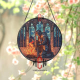 Knight Stained Glass Suncatcher, Round Medieval Warrior Window Panel with Fire, Gothic Fantasy Glass Art Home Decor for History Lovers