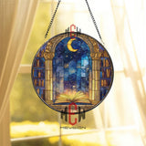 Moon and Book Stained Glass Suncatcher, Round Library Window Panel with Starry Sky, Mystical Glass Art Home Decor for Book Lovers