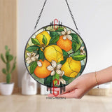 Lemon and Orange Stained Glass Suncatcher, Round Citrus Fruit Window Panel with Blossoms, Kitchen Garden Glass Art Home Decor