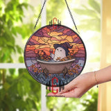 Ghost in Bathtub Stained Glass Suncatcher, Round Sunset Window Panel with Witch Hat and Wine, Cute Gothic Halloween Glass Art