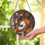 Ghost Reading Stained Glass Suncatcher, Round Cozy Halloween Window Panel with Candles, Pumpkins and Cats, Cute Gothic Glass Art