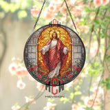 Jesus Christ Stained Glass Suncatcher, Round Religious Window Panel with Radiant Light and Roses, Christian Spiritual Home Decor