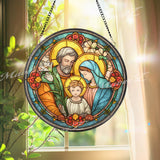 Holy Family Stained Glass Suncatcher, Round Religious Window Panel with Joseph, Mary and Child Jesus, Christian Spiritual Home Decor