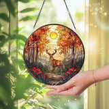 Deer in Autumn Forest Stained Glass Suncatcher, Round Nature Window Panel with Sunlight and Trees, Wildlife Glass Art Home Decor