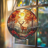 Deer in Autumn Forest Stained Glass Suncatcher, Round Nature Window Panel with Sunlight and Trees, Wildlife Glass Art Home Decor