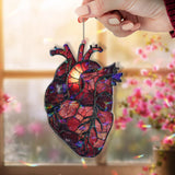 Anatomical Heart Acrylic Suncatcher, Red Stained Glass Style Organ with Candle Flame, Gothic Medical Anatomy Window Hanging Decor