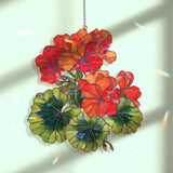 Geranium Acrylic Suncatcher, Red and Orange Floral Window Hanging with Green Leaves, Bright Botanical Flower Home Decor Gift