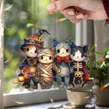 Halloween Cats Acrylic Suncatcher, Cute Kitty Group in Costumes Window Hanging, Witch Mummy Vampire Skeleton Holiday Home Decor Gift