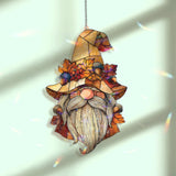 Autumn Gnome Acrylic Suncatcher, Fall Leaves and Acorns Window Hanging with Beard and Hat, Seasonal Rustic Home Decor Gift
