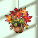 Autumn Leaves Acrylic Suncatcher, Fall Maple Leaf and Flower Pot Window Hanging, Seasonal Nature Home Decor Thanksgiving Gift