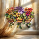 Flower Basket Acrylic Suncatcher, Hanging Bloom Window Panel with Colorful Petals and Green Leaves, Garden Floral Home Decor Gift