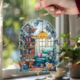 Reading Nook Acrylic Suncatcher, Cozy Chair and Bookshelf Window Hanging with Flowers and Lamp, Cottagecore Home Decor Gift