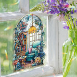 Reading Nook Acrylic Suncatcher, Cozy Chair and Bookshelf Window Hanging with Flowers and Lamp, Cottagecore Home Decor Gift