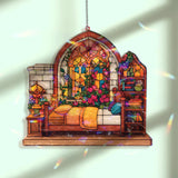 Bedroom Acrylic Suncatcher, Cozy Bed and Bookshelf Window Hanging with Flowers and Lamp, Cottagecore Home Decor Gift