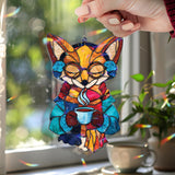 Fox Acrylic Suncatcher, Cute Winter Animal Window Hanging with Glasses, Scarf and Coffee Cup, Cozy Woodland Home Decor Gift