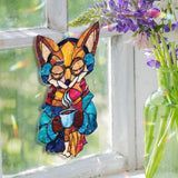 Fox Acrylic Suncatcher, Cute Winter Animal Window Hanging with Glasses, Scarf and Coffee Cup, Cozy Woodland Home Decor Gift