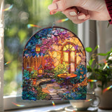 Garden Acrylic Suncatcher, Cozy Patio Window Hanging with Flowers, Lanterns and Table, Cottage Outdoor Scene Home Decor Gift