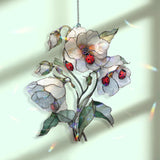 White Flower Ladybug Acrylic Suncatcher, Stained Glass Style Window Hanging with Blooming Petals and Red Insects, Nature Home Decor
