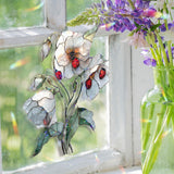 White Flower Ladybug Acrylic Suncatcher, Stained Glass Style Window Hanging with Blooming Petals and Red Insects, Nature Home Decor