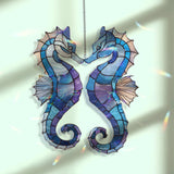 Seahorse Pair Acrylic Suncatcher, Stained Glass Style Ocean Window Hanging with Blue Sea Creatures, Coastal Nautical Home Decor Gift