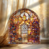 Library Acrylic Suncatcher, Stained Glass Style Arched Window Panel with Bookshelves, Desk and Lanterns, Cozy Book Lover Home Decor