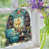 Reading Nook Acrylic Suncatcher, Stained Glass Style Arched Window Panel with Chair, Lamp, Books and Plants, Cozy Book Lover Home Decor
