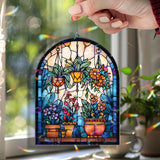 Hanging Plants Acrylic Suncatcher, Stained Glass Style Arched Window Panel with Colorful Flowers and Pots, Botanical Garden Home Decor