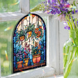 Hanging Plants Acrylic Suncatcher, Stained Glass Style Arched Window Panel with Colorful Flowers and Pots, Botanical Garden Home Decor