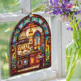 Kitchen Acrylic Suncatcher, Stained Glass Style Arched Window Panel with Stove, Pots, Plants and Cozy Rustic Decor, Cottage Home Accent