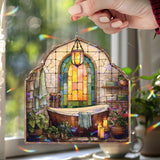 Rustic Bathroom Acrylic Suncatcher, Stained Glass Style Window Panel with Wooden Tub, Candles, Towels and Plants, Cozy Spa Home Decor