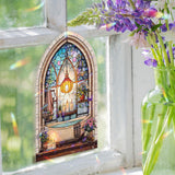 Bathroom Acrylic Suncatcher, Stained Glass Style Arched Window Panel with Bathtub, Candles, Plants and Lantern, Cozy Spa Home Decor