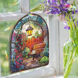Garden Bench Acrylic Suncatcher, Stained Glass Style Arched Window Panel with Lantern, Flowers and Tea Cup, Cozy Cottage Home Decor