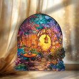 Garden Gate Acrylic Suncatcher, Stained Glass Style Arched Window Panel with Lantern, Blossoms, Bench and Table, Cottagecore Home Decor